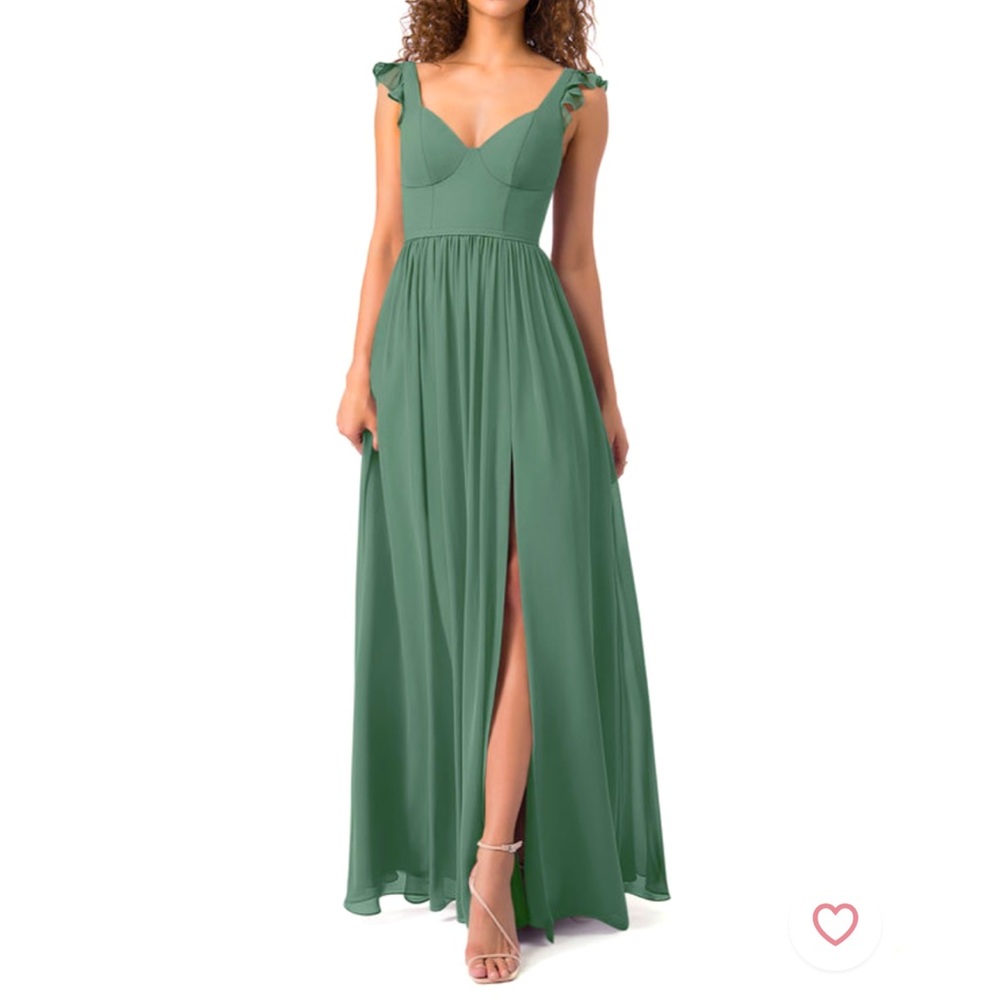 Azazie gown in eucalyptus. Never work. NWT. Size 4. Originally priced at $109.